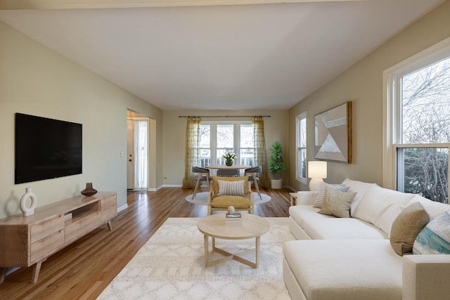 living area with baseboards and wood finished floors