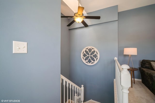 details with carpet, a ceiling fan, and baseboards