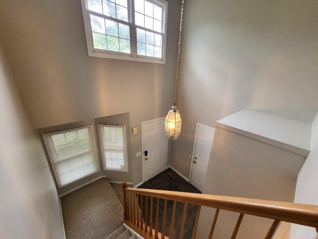 entrance foyer with dark colored carpet and a high ceiling