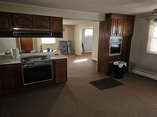 kitchen featuring dark carpet, dark brown cabinets, and black appliances