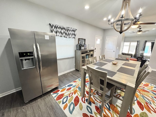 614 E Baltimore St, Wilmington, IL 60481 - dining space featuring dark wood-style flooring, ceiling fan with notable chandelier, baseboards, and recessed lighting