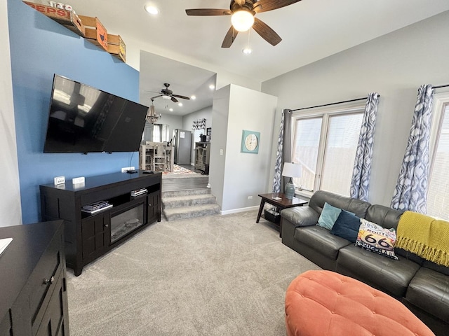 614 E Baltimore St, Wilmington, IL 60481 - living room with recessed lighting, vaulted ceiling, ceiling fan, light carpet, and baseboards