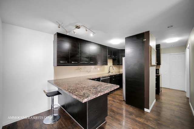 kitchen featuring stone countertops, dark cabinets, a peninsula, dark wood-style flooring, and a sink