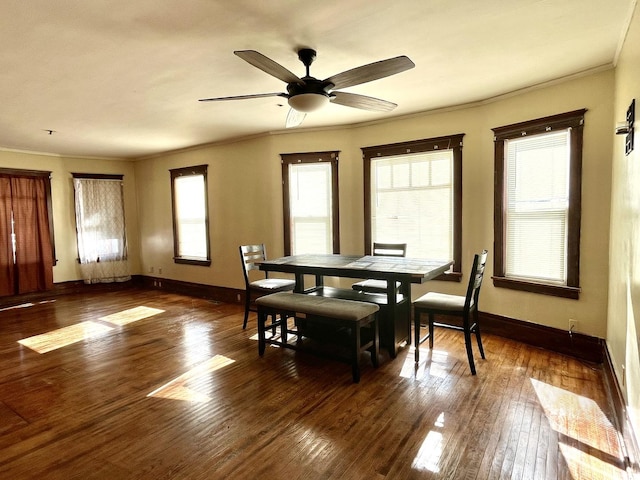 dining space with crown molding, a healthy amount of sunlight, dark wood finished floors, and baseboards