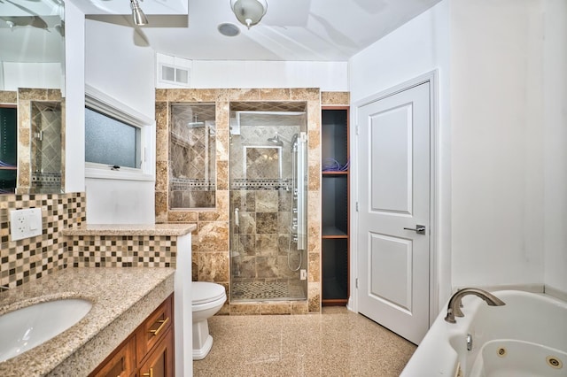 full bathroom with visible vents, a whirlpool tub, a shower stall, decorative backsplash, and vanity