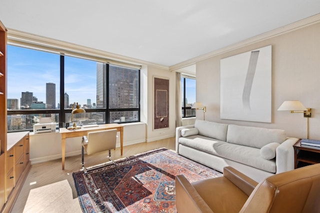 living area with a view of city, light wood finished floors, and baseboards