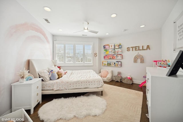 bedroom with a ceiling fan, dark wood finished floors, visible vents, and recessed lighting