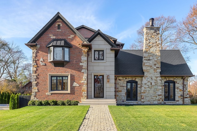 view of front of property with roof with shingles, a front lawn, a chimney, and brick siding