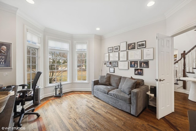 home office with baseboards, ornamental molding, dark wood-style flooring, and recessed lighting