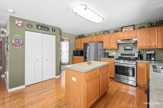 kitchen with light hardwood / wood-style flooring, a kitchen island, appliances with stainless steel finishes, and sink