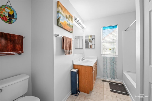 full bathroom featuring toilet, tile patterned floors, shower / bathtub combination, and vanity