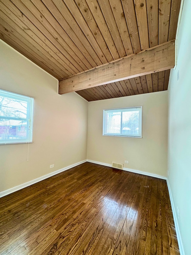 15126 S Sunset Dr, Dolton, IL 60419 - spare room featuring vaulted ceiling with beams, dark wood-type flooring, wood ceiling, visible vents, and baseboards