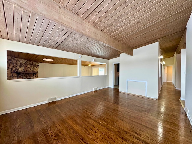 15126 S Sunset Dr, Dolton, IL 60419 - unfurnished room featuring wood ceiling, visible vents, beamed ceiling, and wood finished floors