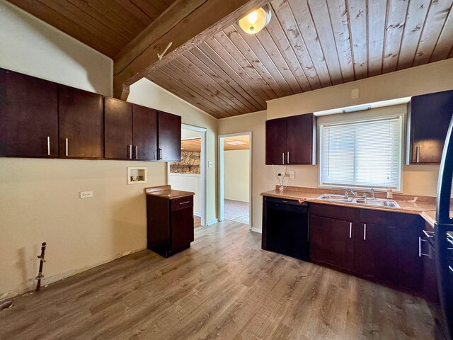 15126 S Sunset Dr, Dolton, IL 60419 - kitchen with vaulted ceiling with beams, wood ceiling, light countertops, light wood-type flooring, and dishwasher