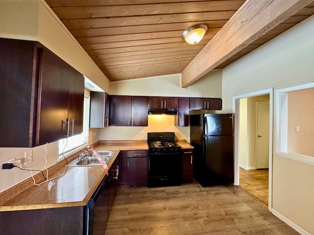 15126 S Sunset Dr, Dolton, IL 60419 - kitchen featuring light wood finished floors, wooden ceiling, dark brown cabinets, black appliances, and a sink