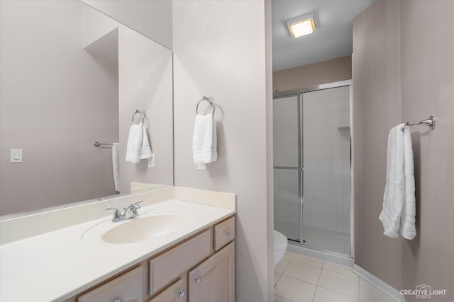 full bath featuring tile patterned flooring, toilet, vanity, and a stall shower