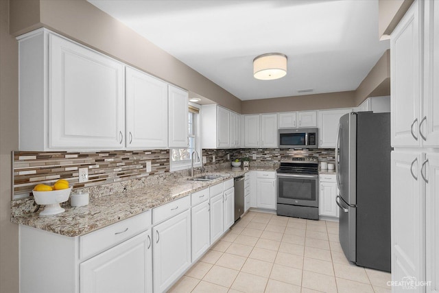 kitchen featuring tasteful backsplash, white cabinets, stainless steel appliances, and a sink