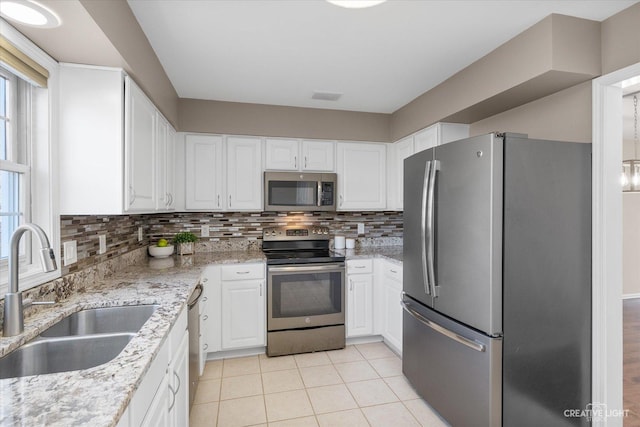 kitchen featuring backsplash, white cabinetry, stainless steel appliances, and a sink