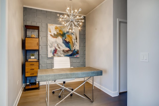 home office featuring a notable chandelier, crown molding, baseboards, and dark wood-style flooring