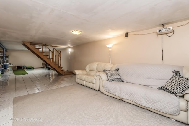 tiled living room with stairs