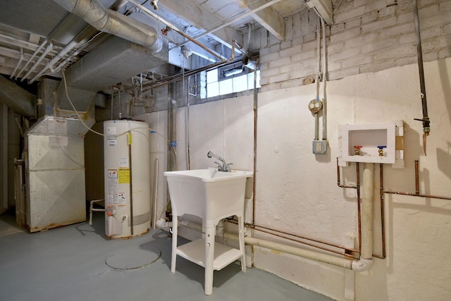 basement featuring heating unit and gas water heater