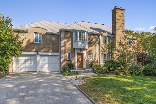 view of front of house with a garage, brick siding, driveway, a front lawn, and a chimney