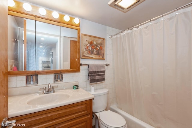 full bathroom featuring tasteful backsplash, visible vents, toilet, vanity, and shower / bathtub combination with curtain