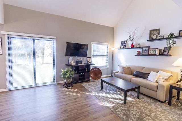 living area featuring baseboards, high vaulted ceiling, and wood finished floors