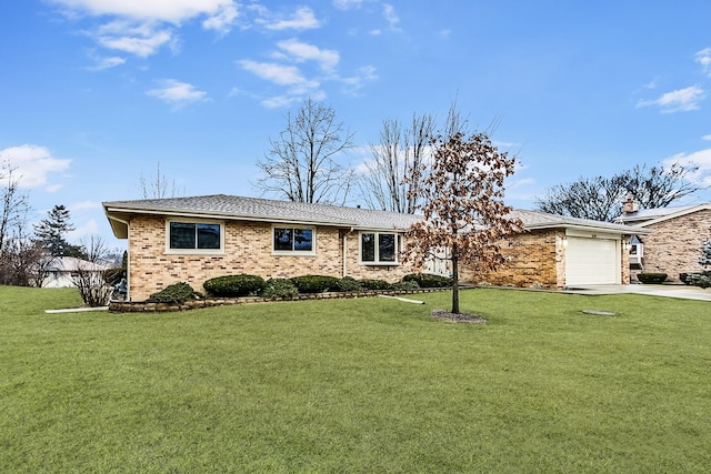 ranch-style home with concrete driveway, a front lawn, an attached garage, and brick siding