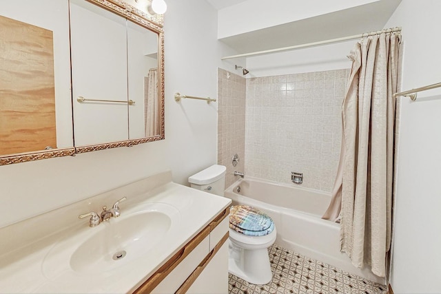 full bath with toilet, shower / bath combination with curtain, and vanity