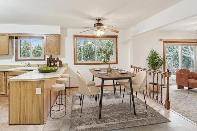 dining room featuring a healthy amount of sunlight, ceiling fan, and baseboards