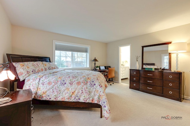 carpeted bedroom with connected bathroom