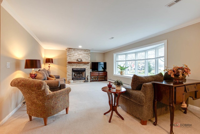 carpeted living room featuring crown molding and a fireplace