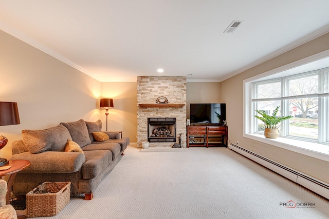 carpeted living room featuring a baseboard radiator, crown molding, and a stone fireplace