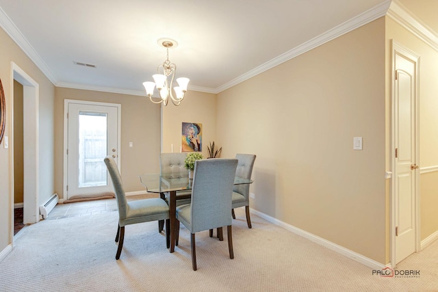 carpeted dining space featuring baseboard heating, ornamental molding, and a chandelier