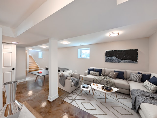 living room with concrete floors