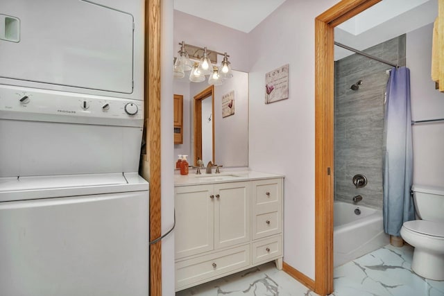 full bath featuring toilet, vanity, marble finish floor, stacked washing maching and dryer, and shower / bath combo with shower curtain