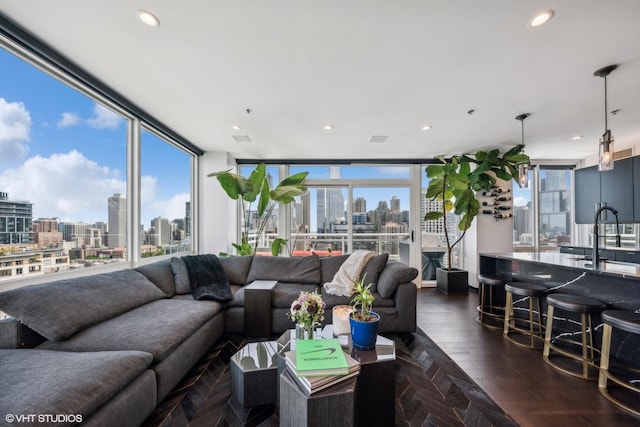 living room with a healthy amount of sunlight, dark wood-style flooring, a city view, and a wall of windows