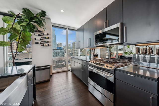 kitchen with stainless steel appliances, a view of city, dark wood-type flooring, and modern cabinets