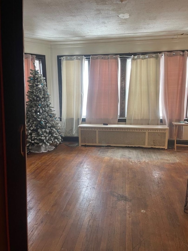 spare room featuring radiator, plenty of natural light, a textured ceiling, and hardwood / wood-style floors