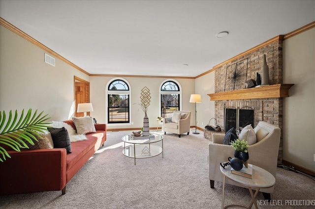 carpeted living area with visible vents, a fireplace, baseboards, and crown molding