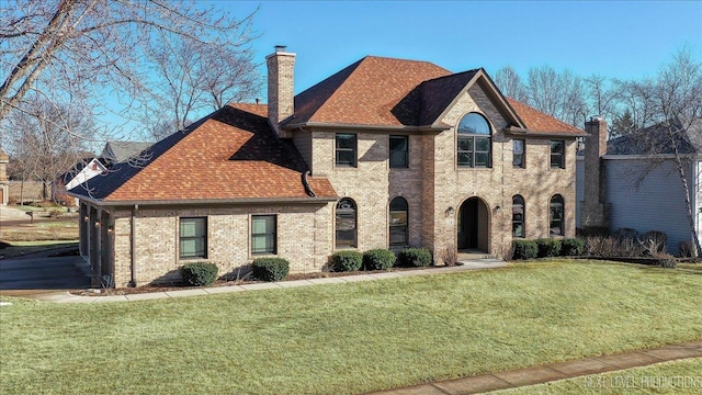 view of front of property with brick siding, a chimney, and a front yard