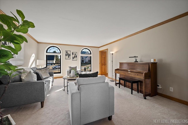 carpeted living room featuring baseboards and crown molding