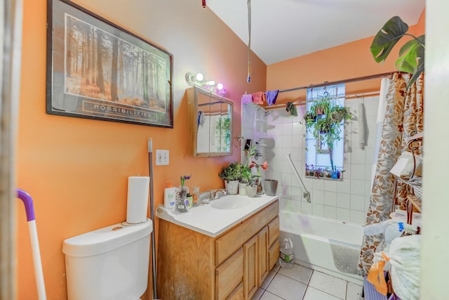 full bathroom with toilet, shower / bath combo, tile patterned flooring, and vanity