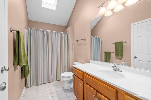 full bath featuring lofted ceiling with skylight, toilet, a shower with shower curtain, tile patterned flooring, and vanity