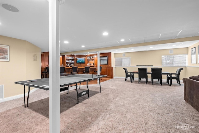 rec room with visible vents, baseboards, indoor bar, carpet floors, and recessed lighting