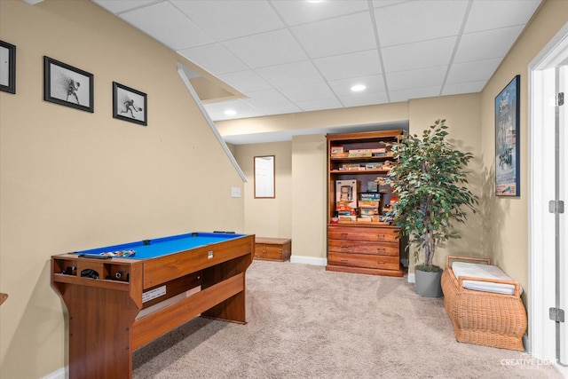 game room featuring carpet flooring, pool table, a paneled ceiling, and baseboards