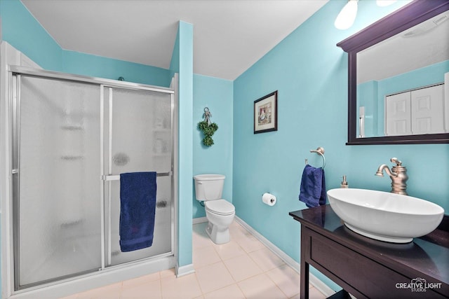 full bath featuring tile patterned flooring, a shower stall, baseboards, toilet, and vanity