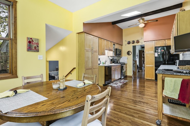 dining space featuring high vaulted ceiling, dark wood finished floors, beamed ceiling, and ceiling fan