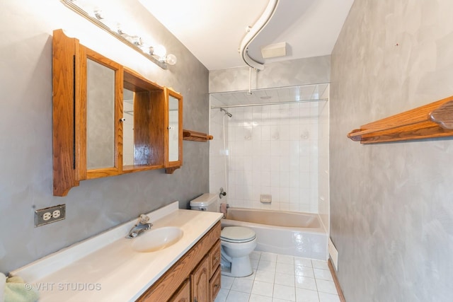 bathroom with washtub / shower combination, vanity, toilet, and tile patterned floors